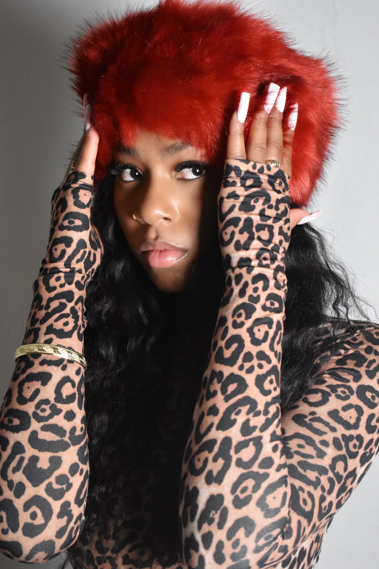 Frostbite jumbo faux fur headband in soft plush material, luxury Y2K style, cherry burgundy red, leopard print dress