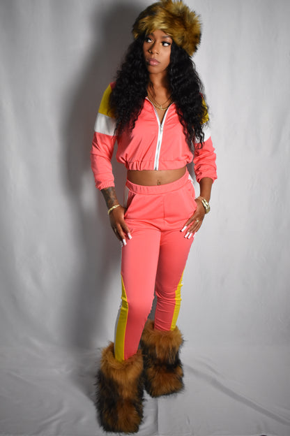 pink retro y2k tracksuit color block with yellow and white accents, brown faux fur boots, brown jumbo faux fur headband, two piece outfit set